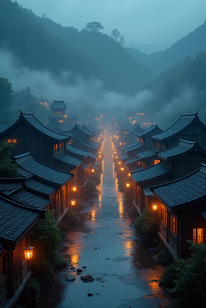arafed view of a village with a lot of lights on the buildings, dreamy chinese town, chinese village, amazing wallpaper, japanese town, japanese village, hyper realistic photo of a town, old asian village, japanese city, by Raymond Han, rainy evening, cyberpunk chinese ancient castle, beautifully lit buildings, at evening during rain, beautiful and aesthetic, photography, cinematic, 8k, high detailed ((Heavy rain)))