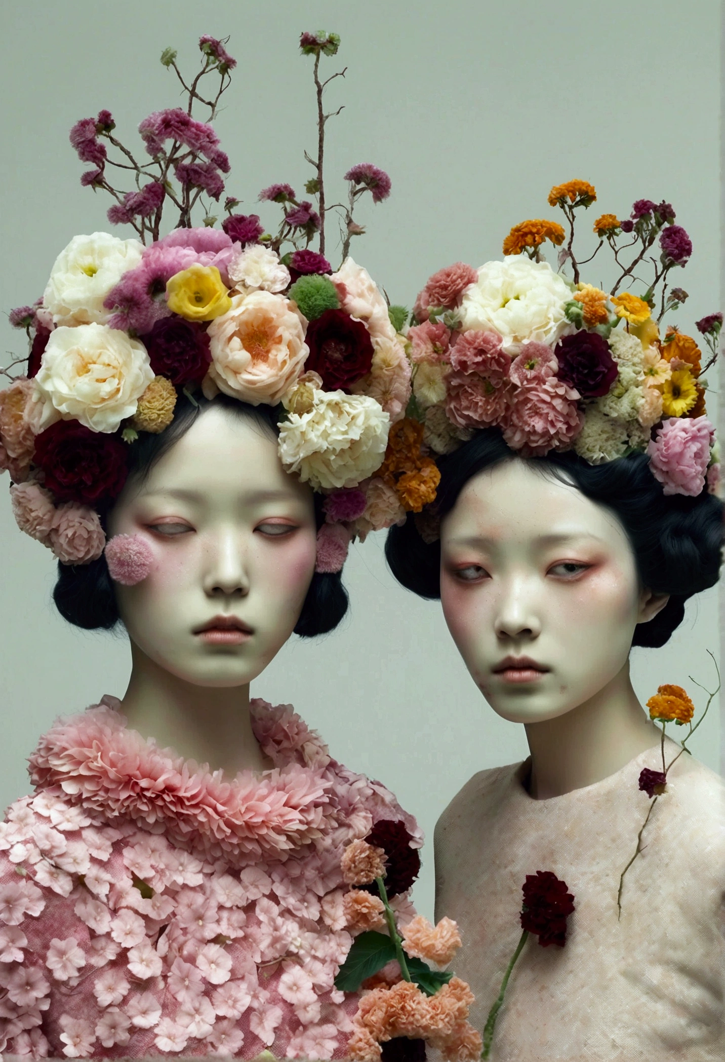 There are two models wearing flowers on their heads, Humanoid creature covered with flowers, inspired by Frieke Janssens, humanoid flora, Flowers growing from the head, Inspired by Russell Dongjun Lu, byJung Park, Flowers grow from the body, Surrealist aesthetics, Surreal avant-garde style, Many Merlot, Soft colors