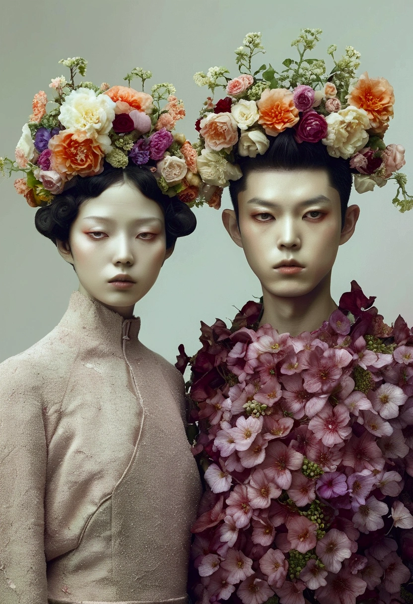 There are two models wearing flowers on their heads, Humanoid creature covered with flowers, inspired by Frieke Janssens, humanoid flora, Flowers growing from the head, Inspired by Russell Dongjun Lu, byJung Park, Flowers grow from the body, Surrealist aesthetics, Surreal avant-garde style, Many Merlot, Soft colors