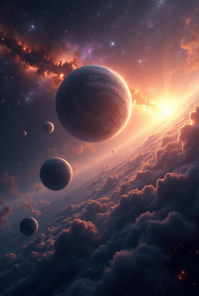 Planets in space with many stars, a Big Bang with the sun in the background and a black hole
