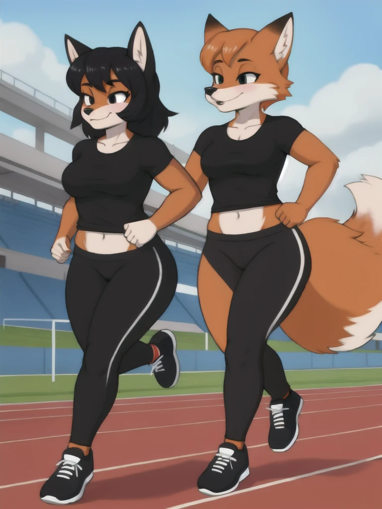 Furry, fox, female, black shirt, black leggings, shoes, running track, friends, full body