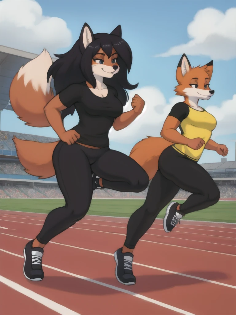 Furry, fox, female, black shirt, black leggings, shoes, running track, friends, full body