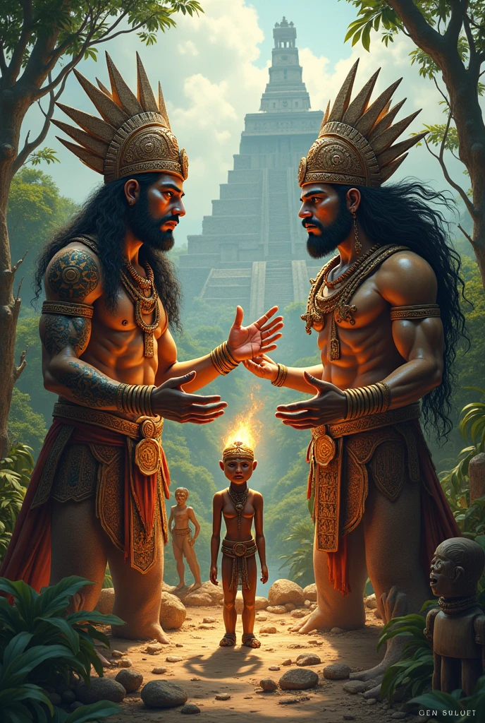 Two Mayan gods creating wooden men 