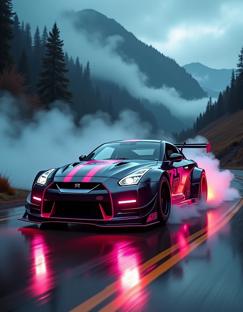 (masterpiece), best quality, ultra-detailed, 8K), 2024 GTR Nismo, street racing-inspired, Drifting inspired, LED, ((Twin headlights)), (((Bright neon color racing stripes))), (Black racing wheels), (best quality,4k,8k,highres,masterpiece:1.2),ultra-detailed, ((a customized car)), ((street racer)), ((a beautiful paintjob)), ((fully detailed)), Wheel spin showing motion, Show car in motion, Burnout, wide body kit, modified car, racing livery, masterpiece, best quality, realistic, ultra highres, (((depth of field))), (full dual color neon lights:1.2), (hard dual color lighting:1.4), (detailed background), (masterpiece:1.2), (ultra detailed), (best quality), intricate, comprehensive cinematic, magical photography, (gradients), glossy, Drifting, going fast, night, bright yellow headlights, setting USA Oregon's Mountain roads, No text on signs, Late night time, Set in a rain storm with lightning,1 car., Nature, model shoot style, Fast action style, Sideways drifting in to a turn, Red and black cars, Night with galaxy sky, Fast action style, fire out of tail pipes, Sideways drifting in to a turn, Neon galaxy metallic paint with race stripes, aesthetic, intricate, realistic, cinematic lighting, Neon Paint, a testament to masterful realism and action photography, Hyperrealism, high detail, cinematic lighting, motion blur, motion lines, speed lines, retina, masterpiece, accurate, anatomically correct, textured skin, super detail, high quality, award winning, highres, 4K, 8k, 16k