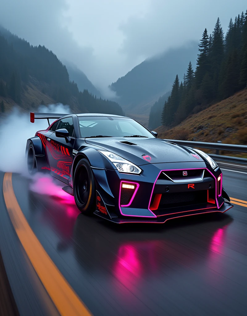 (masterpiece), best quality, ultra-detailed, 8K), 2024 GTR Nismo, street racing-inspired, Drifting inspired, LED, ((Twin headlights)), (((Bright neon color racing stripes))), (Black racing wheels), (best quality,4k,8k,highres,masterpiece:1.2),ultra-detailed, ((a customized car)), ((street racer)), ((a beautiful paintjob)), ((fully detailed)), Wheel spin showing motion, Show car in motion, Burnout, wide body kit, modified car, racing livery, masterpiece, best quality, realistic, ultra highres, (((depth of field))), (full dual color neon lights:1.2), (hard dual color lighting:1.4), (detailed background), (masterpiece:1.2), (ultra detailed), (best quality), intricate, comprehensive cinematic, magical photography, (gradients), glossy, Drifting, going fast, night, bright yellow headlights, setting USA Oregon's Mountain roads, No text on signs, Late night time, Set in a rain storm with lightning,1 car., Nature, model shoot style, Fast action style, Sideways drifting in to a turn, Red and black cars, Night with galaxy sky, Fast action style, fire out of tail pipes, Sideways drifting in to a turn, Neon galaxy metallic paint with race stripes, aesthetic, intricate, realistic, cinematic lighting, Neon Paint, a testament to masterful realism and action photography, Hyperrealism, high detail, cinematic lighting, motion blur, motion lines, speed lines, retina, masterpiece, accurate, anatomically correct, textured skin, super detail, high quality, award winning, highres, 4K, 8k, 16k