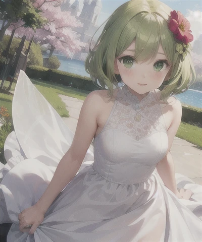 4K,masterpiece,Highest quality,Yellow-green hair,Green Eyes,Side Tail,Fairy,White dress,flower,cute,front