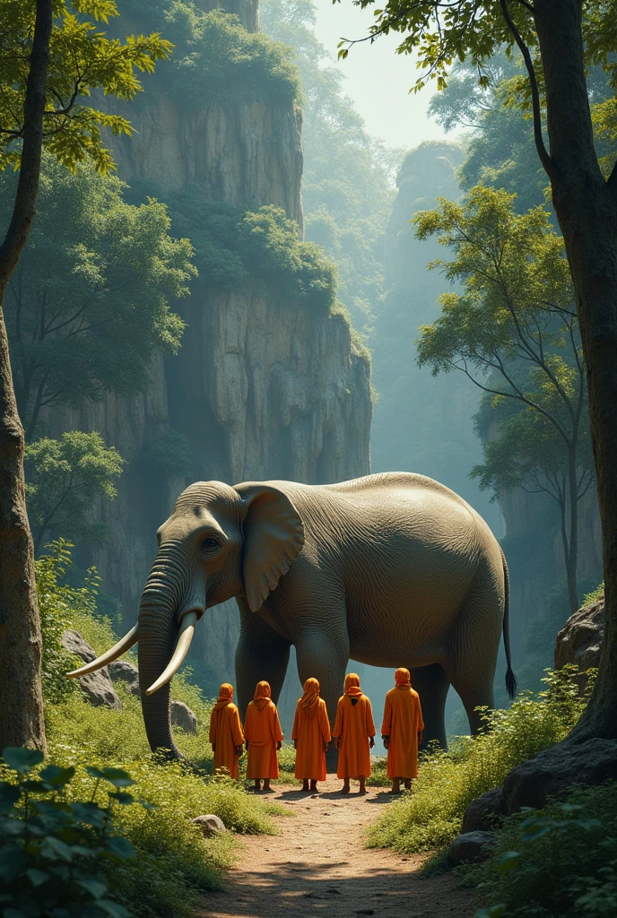 Few people of ice age with orange costumes found a dead elephant in a forest