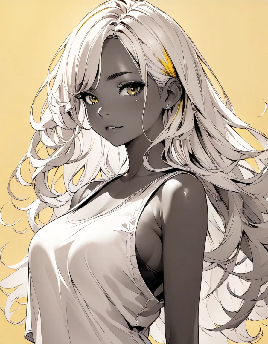 (highest quality:1.2, Very detailed, up to date, Vibrant, Ultra-high resolution, High Contrast, masterpiece:1.2, highest quality, Best aesthetics), Portraiture、girl、slim, long hair, ((wavy hair:0.6))、messy hair, blonde and blue ((streaked hair:1.3)), highlights hair: 1.3, medium breast, (tan skin:1.3), tank top, shorts, Bright colors、Beautiful fine details、Beautiful lip detail、((Plain yellow background:1.6)), lineart, ((monochrome:1.7)), (upper body:1.5), clean line drawings,