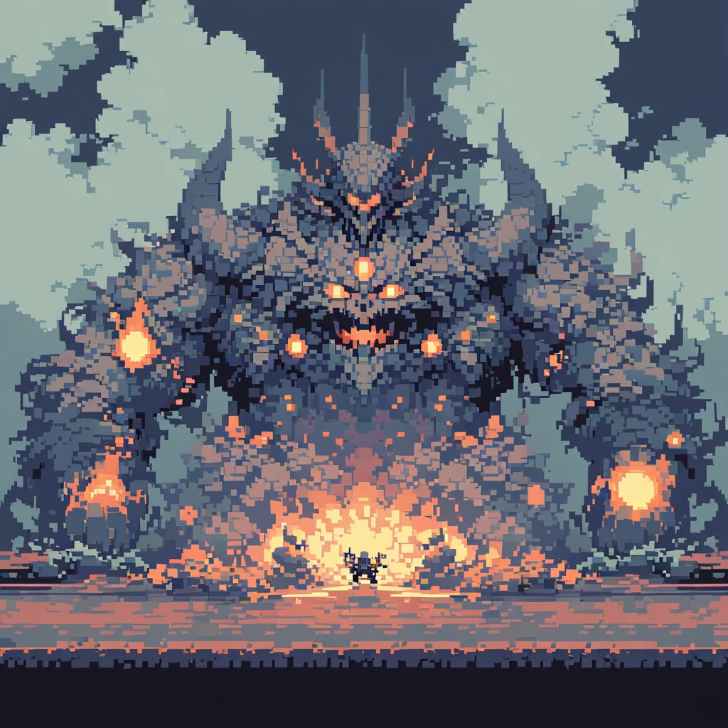 The prompt for generating a pixel art could be: "pixel art,(best quality, high resolution, detailed),(retro, nostalgic) colors,8-bit style,crisp lines and edges,small canvas,blocky pixels,limited color palette,low-fi graphics,dark colors,iconic pixel characters, final boss stage, undead"