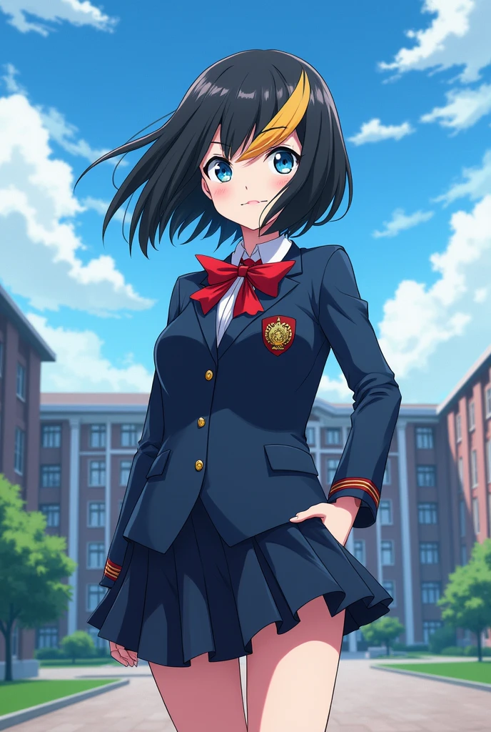 Screenshot of my hero academia. Girl with medium-long black hair with a blonde lock with blue eyes in a UA uniform with a UA background 