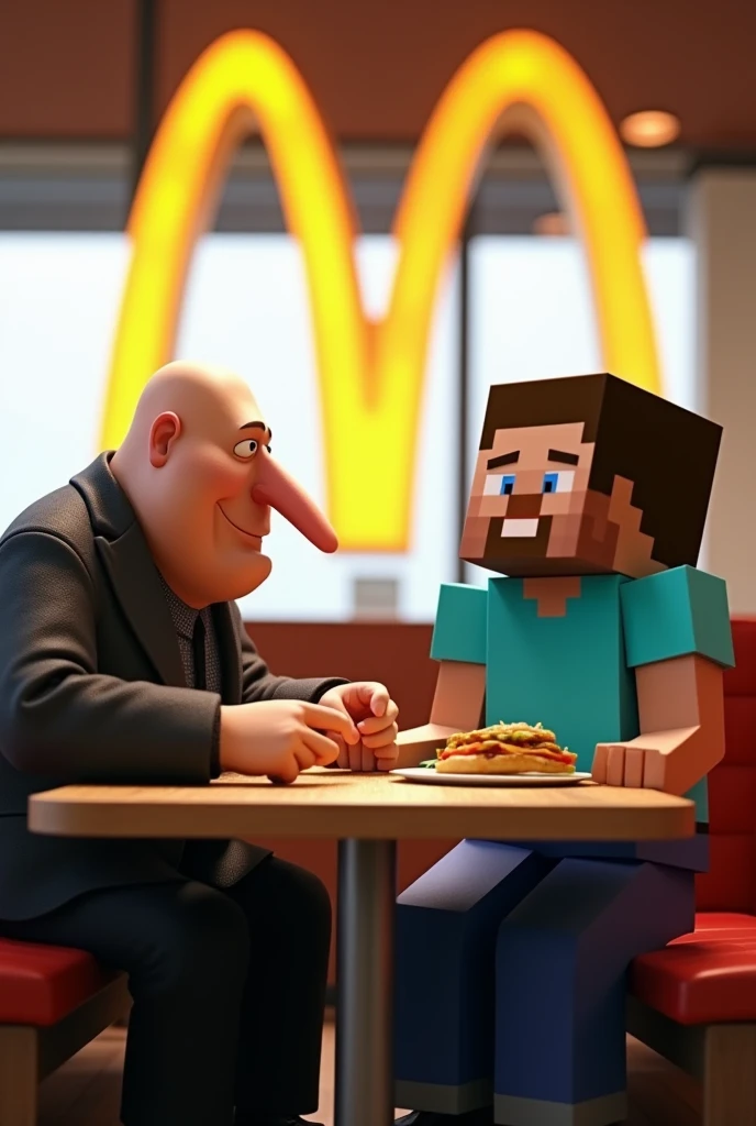 Gru and Minecraft Steve eating in McDonald's