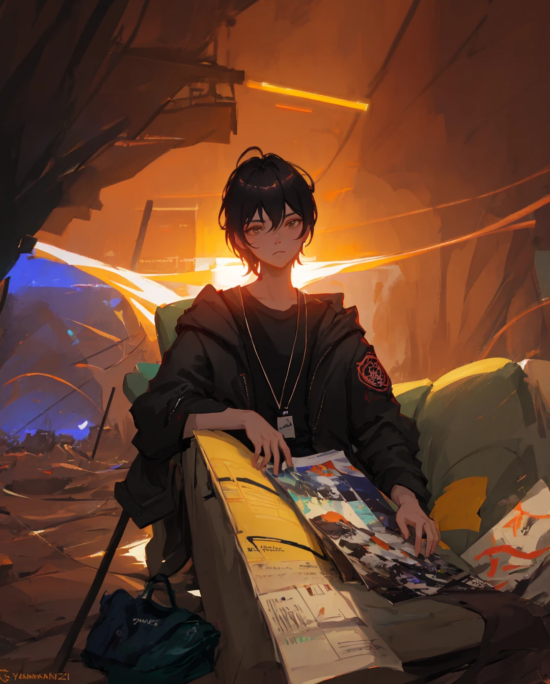 there is a man sitting on a couch with a laptop, artwork in the style of guweiz, casey baugh and james jean, sergey kolesov, guweiz masterpiece, style of dragan bibin, guweiz, by Yanjun Cheng, digital art ilya kuvshinov, ilya kuvshinov landscape, and Krenzcushart change the image to a different camera angle