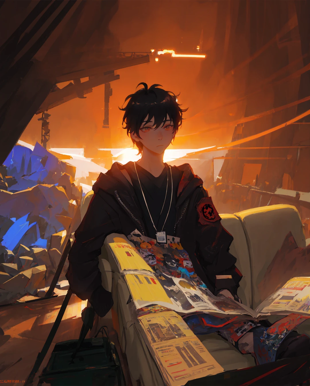 there is a man sitting on a couch with a laptop, artwork in the style of guweiz, casey baugh and james jean, sergey kolesov, guweiz masterpiece, style of dragan bibin, guweiz, by Yanjun Cheng, digital art ilya kuvshinov, ilya kuvshinov landscape, and Krenzcushart change the image to a different camera angle