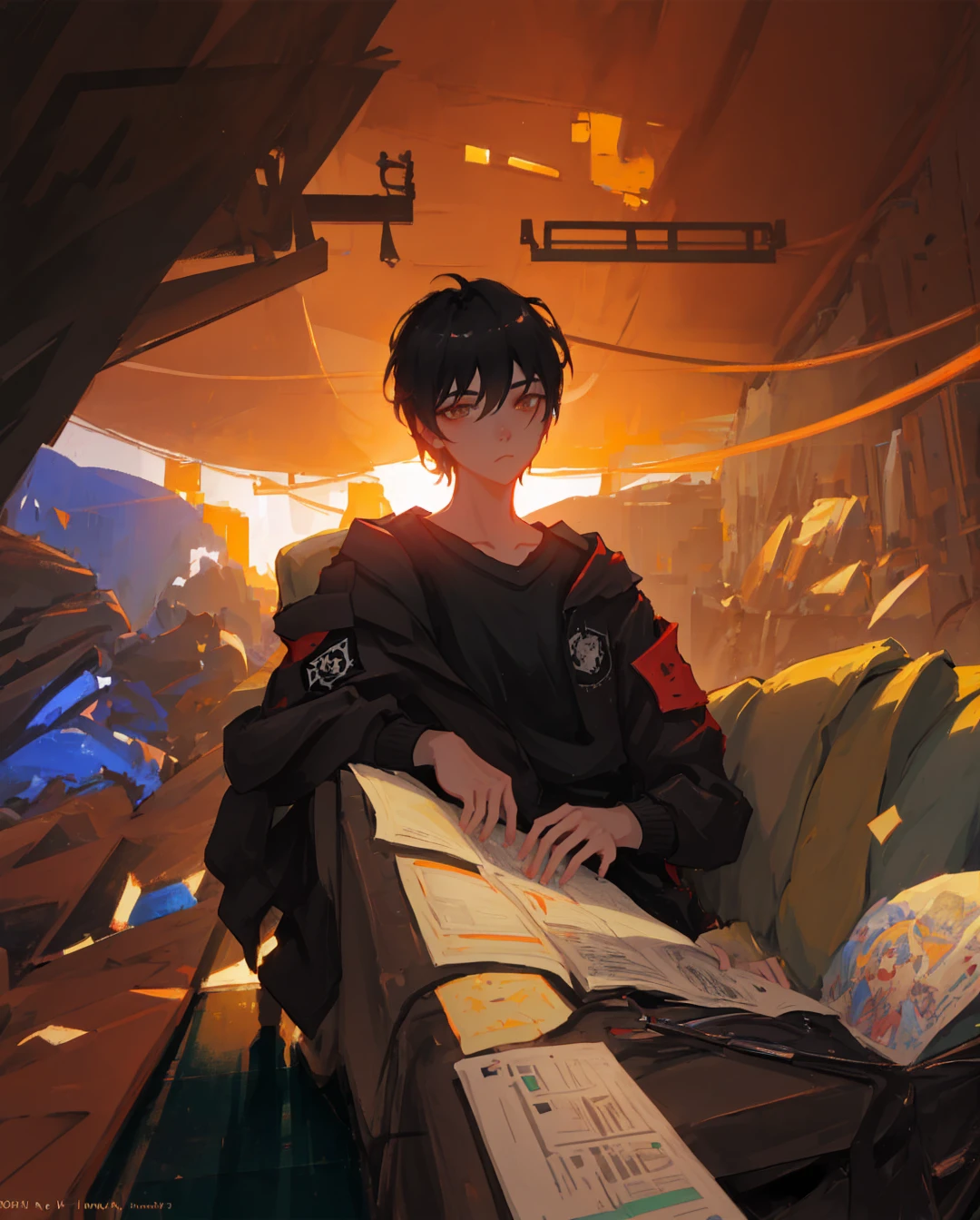 there is a man sitting on a couch with a laptop, artwork in the style of guweiz, casey baugh and james jean, sergey kolesov, guweiz masterpiece, style of dragan bibin, guweiz, by Yanjun Cheng, digital art ilya kuvshinov, ilya kuvshinov landscape, and Krenzcushart change the image to a different camera angle