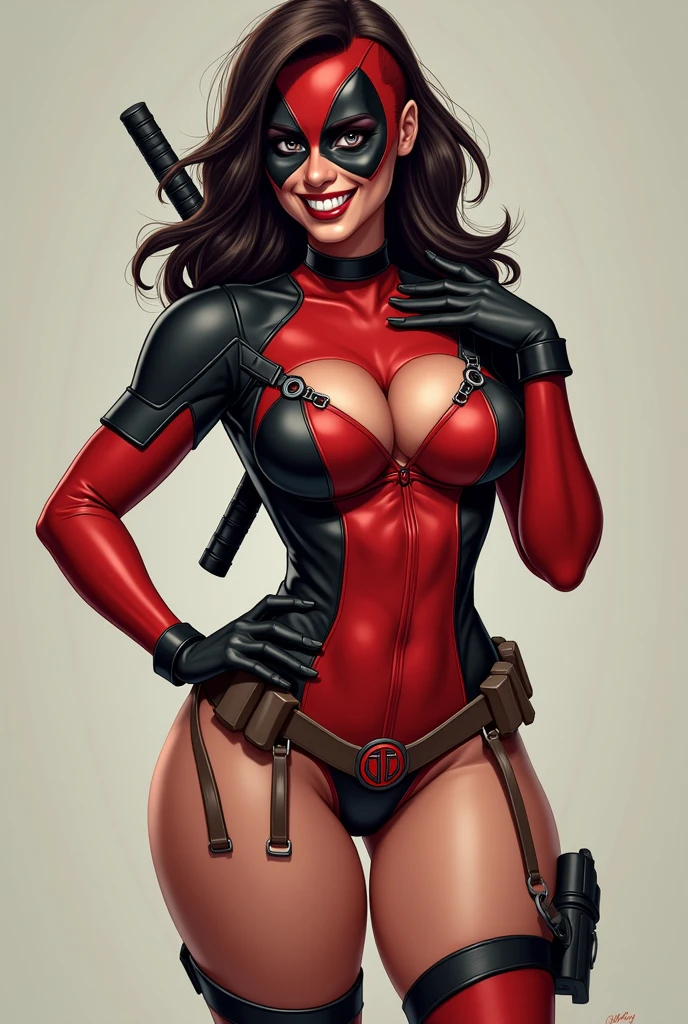 Make a female version of Deadpool with underwear and a big wet ass where her private parts are marked