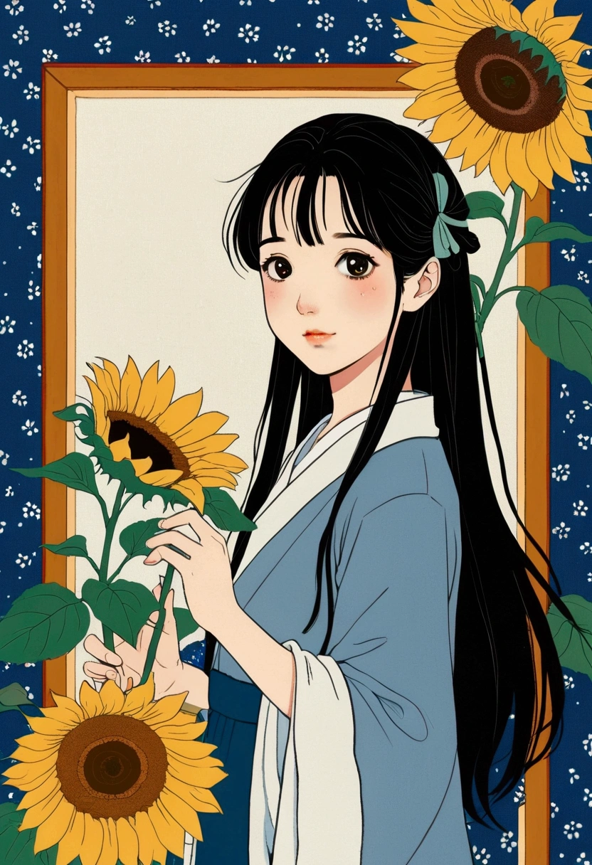 A cartoon girl holding a flower and a sunflower, A painting inspired by Takehisa Yumeji, tumblr, Creation and Production, background(hard), Blue border, anime frames, Cute kawaii girl, Paper border, anime movie frames, phone background, random background scene, Cute anime girl, anime background, Lovely characters, background image, White border