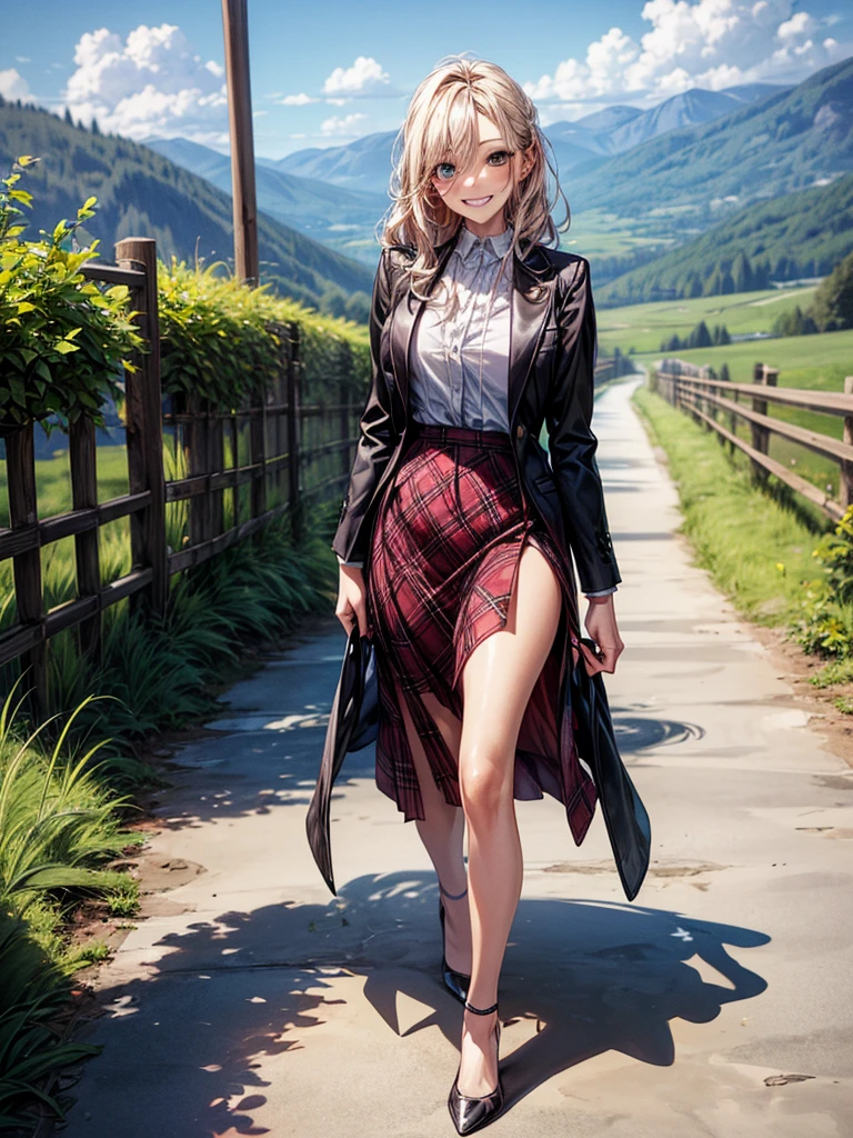 (Biologically correct limb count),Full body, including face,4K,Focus on the masterpiece face,Well-proportioned facial features,Delicate descriptive eyes,(One beautiful woman),(Red Shirt,Black jacket,black plaid skirt),(Grin),looking at the camera,Mountain trail,Outdoor,walking,Walking down the stairs,((High heels))
