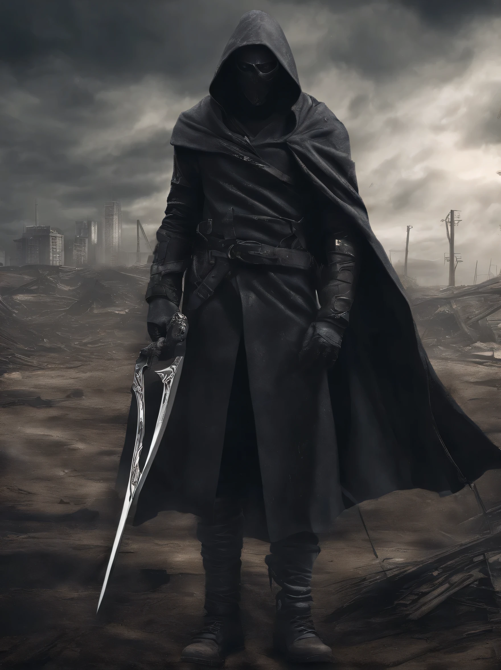 A terrifying Grimm Reaper warrior, post-apocalyptic landscape, dark moody atmosphere, ominous clouds, gritty textures, dramatic lighting, muscular figure, hooded robe, scythe weapon, abandoned ruins, cracked earth, desolate environment, cinematic composition, digital painting, hyperrealistic, muted colors, chiaroscuro, dramatic shadows