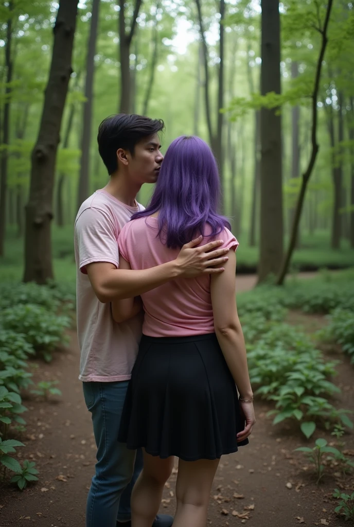 ((upscalling)), ((Various details)), ((Good quality)), They are in the middle of the forest, Woman, The woman has purple hair, man, dark hair, The woman has an extremely colossally MegaMente very large ass, The woman's ass is quite horde, man has a huge penis, The man's penis is 59 Centimeters, man is penetrating his huge penis into woman's huge ass, sex, POV, The woman has white skin, the woman also has huge breasts, man is penetrating his huge penis into woman's huge ass, POV, The woman is facing away, The man with his penis is cumming inside the woman's pussy, The woman is wearing slippers, the woman is wearing a skirt, the woman is wearing a shirt, The man's penis is very rigid hard and has several veins, The man's penis is very thick, POV, The woman is wearing casual clothes, The Woman is on her back, The woman is being sexually abused in the forest, the woman's is wearing a black skirt, the woman's is wearing a pink t-shirt, Men's genitals have hair, women's pussies have no hair 