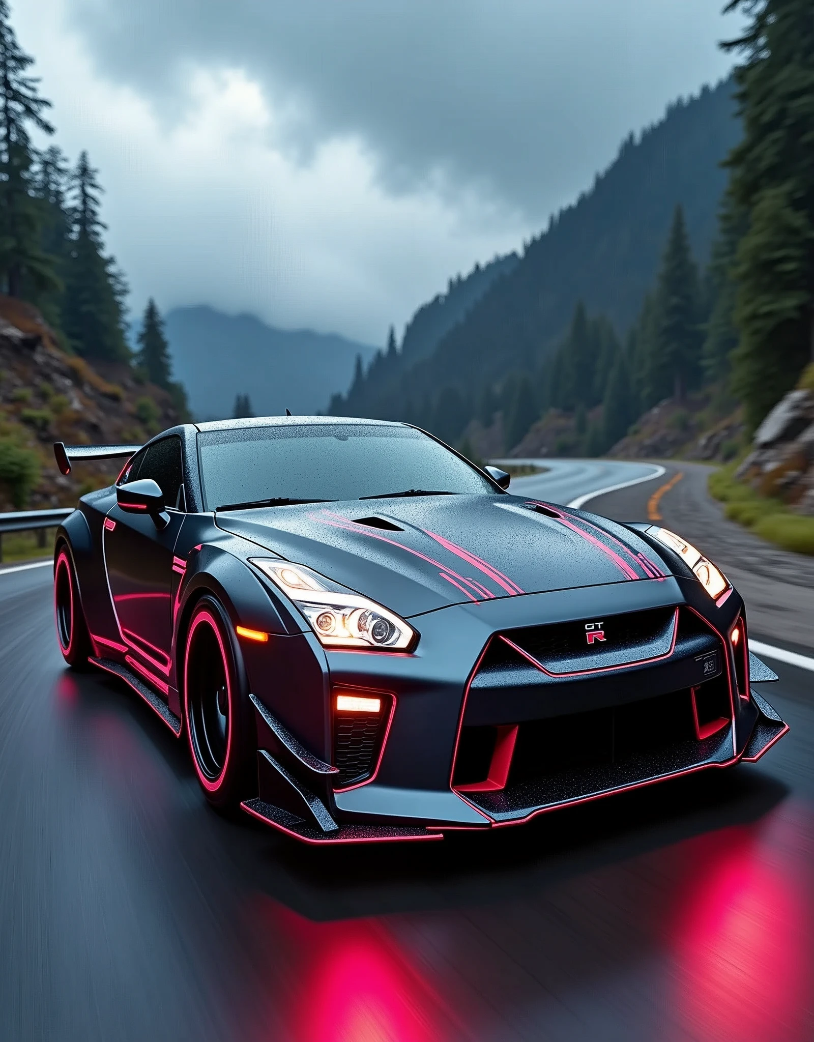 (masterpiece), best quality, ultra-detailed, 8K), 2024 GTR Nismo, street racing-inspired, Drifting inspired, LED, ((Twin headlights)), (((Bright neon color racing stripes))), (Black racing wheels), (best quality,4k,8k,highres,masterpiece:1.2),ultra-detailed, ((a customized car)), ((street racer)), ((a beautiful paintjob)), ((fully detailed)), Wheel spin showing motion, Show car in motion, Burnout,  wide body kit, modified car,  racing livery, masterpiece, best quality, realistic, ultra highres, (((depth of field))), (full dual color neon lights:1.2), (hard dual color lighting:1.4), (detailed background), (masterpiece:1.2), (ultra detailed), (best quality), intricate, comprehensive cinematic, magical photography, (gradients), glossy, Drifting, going fast, night, bright yellow headlights, setting USA Oregon's Mountain roads, No text on signs, Late night time, Set in a rain storm with lightning,1 car., Nature, model shoot style, Fast action style, Sideways drifting in to a turn, Red and black cars, Night with galaxy sky, Fast action style, fire out of tail pipes, Sideways drifting in to a turn, Neon galaxy metallic paint with race stripes, aesthetic, intricate, realistic, cinematic lighting, Neon Paint, a testament to masterful realism and action photography, Hyperrealism, high detail, cinematic lighting, motion blur, motion lines, speed lines, retina, masterpiece, accurate, anatomically correct, textured skin, super detail, high quality, award winning, highres, 4K, 8k, 16k
