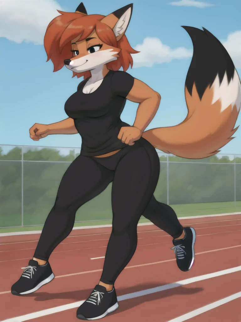 Furry, fox, female, black shirt, black leggings, shoes, running track, friends, full body