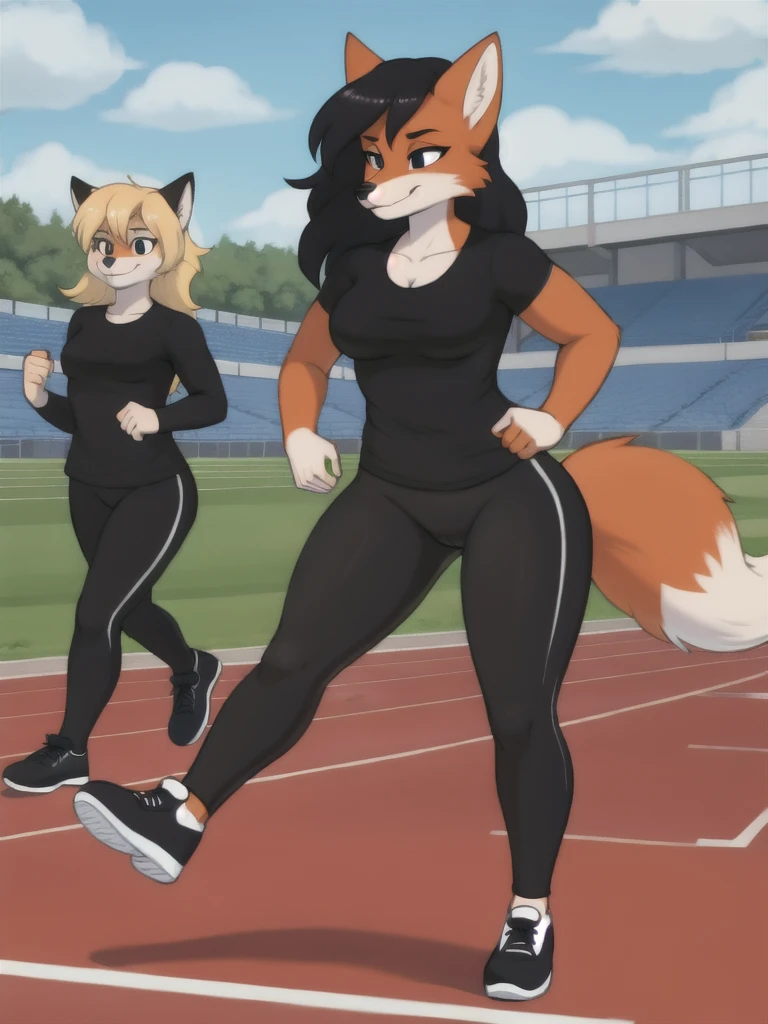 Furry, fox, female, black shirt, black leggings, shoes, running track, friends, full body