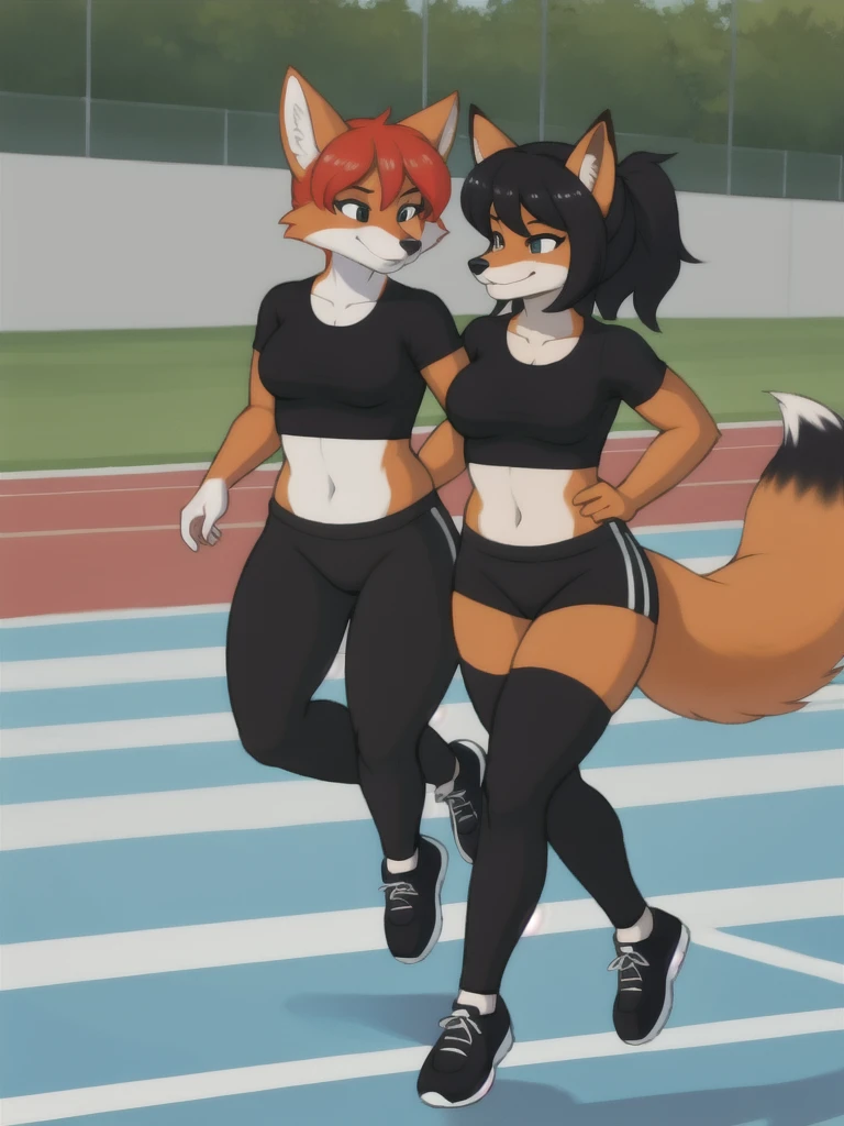 Furry, fox, female, black shirt, black leggings, shoes, running track, friends, full body
