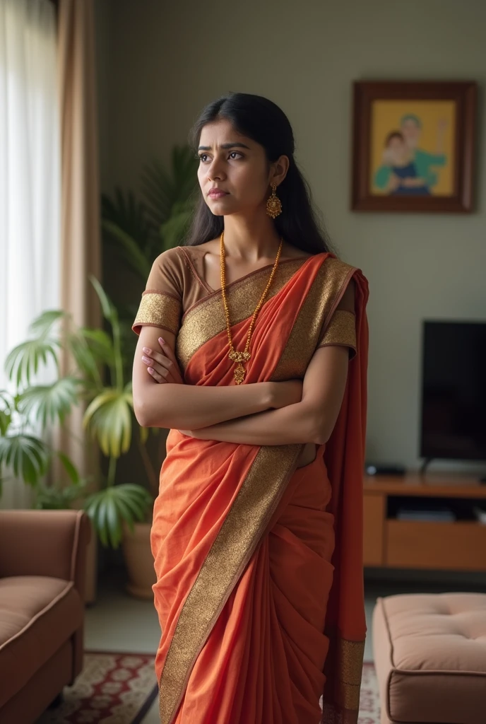 A young Indian woman, wearing a traditional saree, standing inside a modern living room, serious and unhappy