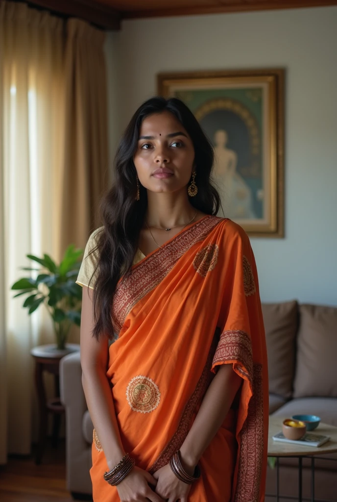 A young Indian woman, wearing a traditional saree, standing inside a modern living room, serious and unhappy