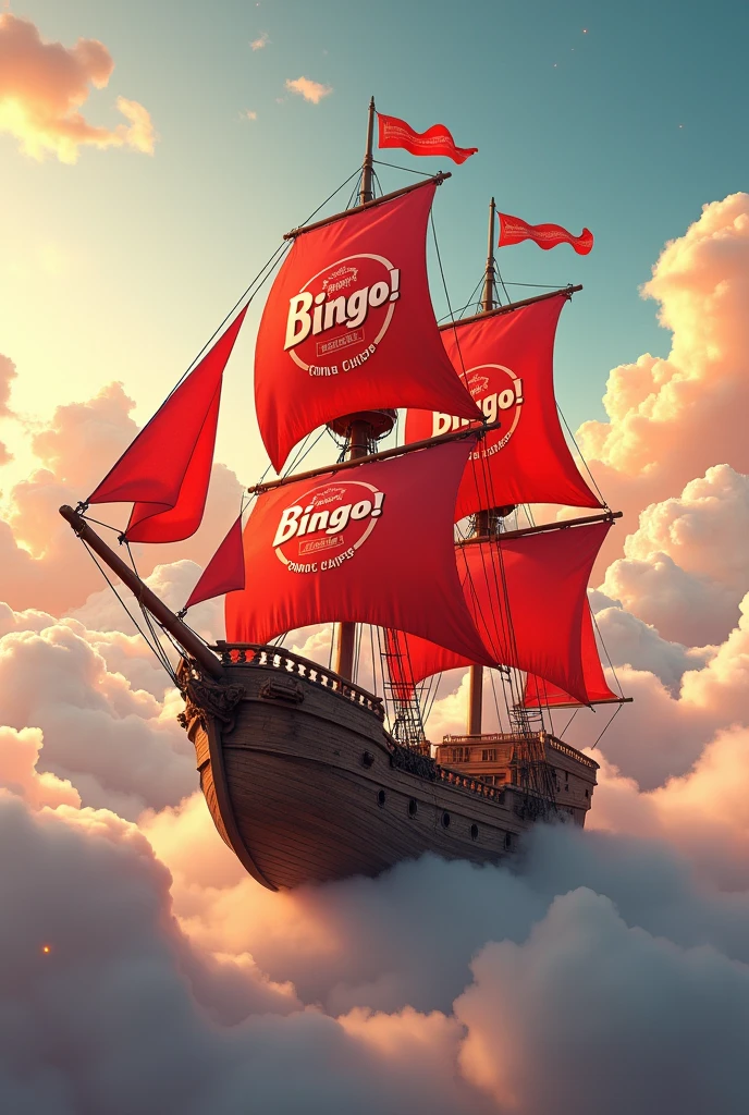 Visualize a stunning high-angle view of an old ship floating majestically among the clouds in the sky. The ship's main mast, main top sail, fore top sail, fore mast, fore sail, and fore stay sail are all vividly branded with the bright red logo of "Bingo! Tomato Chips." This branding adds a striking contrast against the traditional look of the ship. The ship itself is rendered in exquisite detail, capturing the texture of the sails and the aged wood of its construction. The setting is enhanced by a backdrop of fluffy clouds and a clear sky, creating a whimsical, fairy tale atmosphere. The scene is illuminated by the golden hour lighting, adding a warm, sci-fi glow to the composition. The wide aspect ratio further emphasizes the grandeur and fantasy-like quality of this floating ship, making it a visual delight., wide aspect ratio, 3D pixar style, (Warm light source:1.2), (fire Fly:2.2), (nebula:1.3), 4K, Super detailed, (Dynamic configuration:1.4), HD Pixar detailed, Colorful details, (masterpiece:1.2), (highest quality),