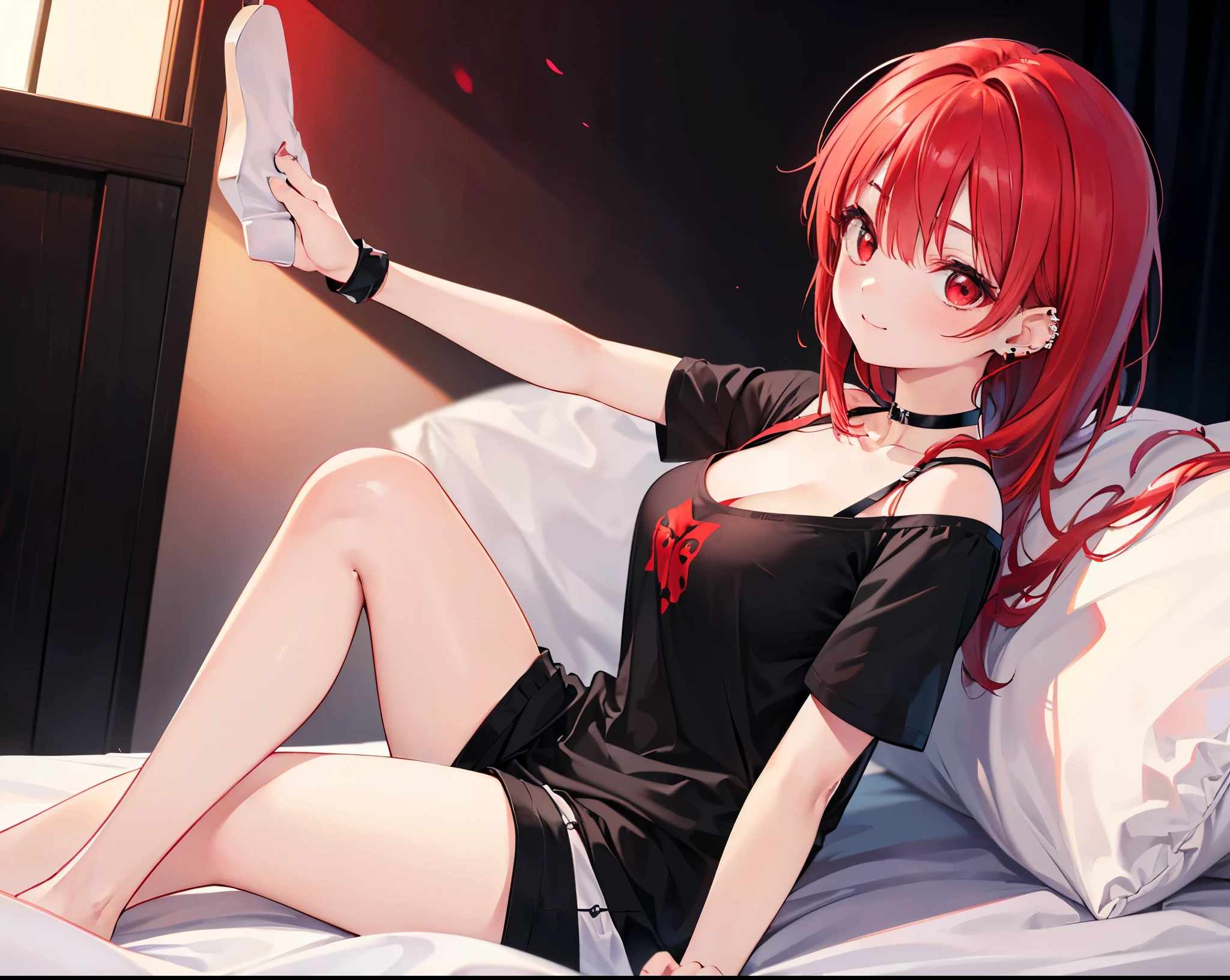 Realistic,Highest quality, Ultra Detail, High-quality CG rendering, The most delicate and beautiful, Floating softly, High resolution, (1 girl), (Highest quality,4K,8k,masterpiece:1.2),(Bright Red Hair:1.5), (semi-long:1.5),(Red eyes:1.5),(Slightly larger breasts:1.2),(Black oversized short sleeve t-shirt:1.5),(Piercing in left ear:1.3),Inside the room,smile,bed,(bedに座っている:1.3),(Pitch black choker:1.5),(whole body:1.3)