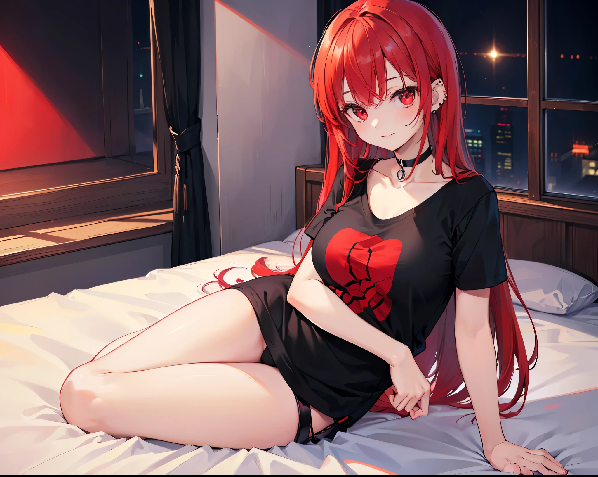 Realistic,Highest quality, Ultra Detail, High-quality CG rendering, The most delicate and beautiful, Floating softly, High resolution, (1 girl), (Highest quality,4K,8k,masterpiece:1.2),(Bright Red Hair:1.5), (semi-long:1.5),(Red eyes:1.5),(Slightly larger breasts:1.2),(Black oversized short sleeve t-shirt:1.5),(Piercing in left ear:1.3),Inside the room,smile,bed,(bedに座っている:1.3),(Pitch black choker:1.5),(whole body:1.3)