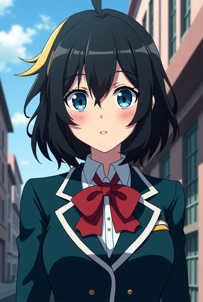 Screenshot of my hero academia. Girl with medium-long black hair with a blonde lock with blue eyes in my hero academia uniform with my hero academia background