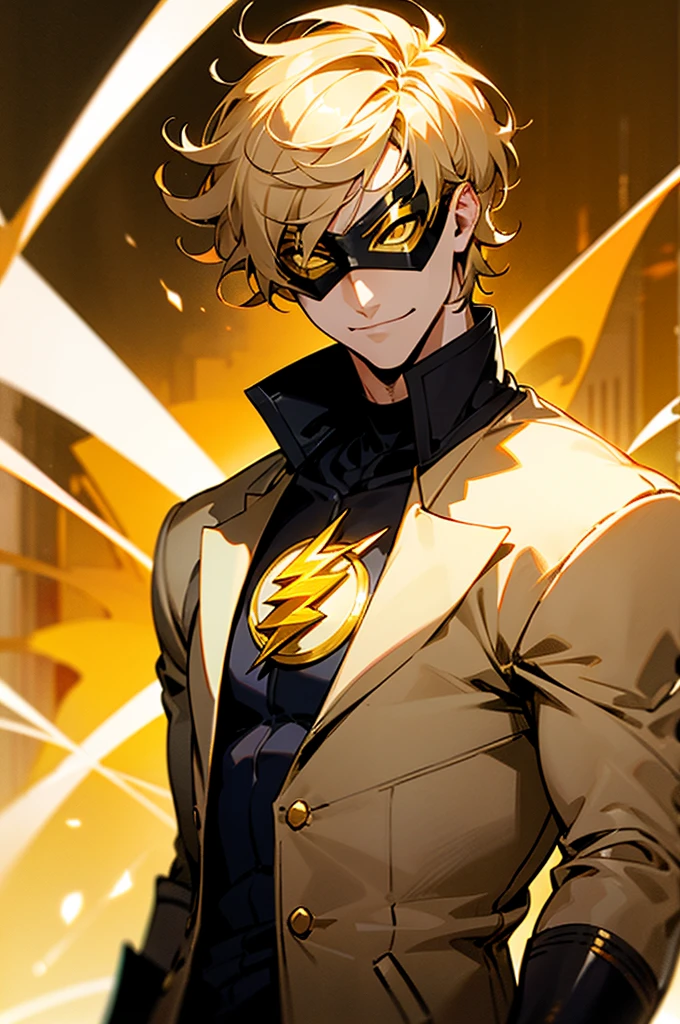 blonde hair, short hair, serious face, short hair, messy hair, street background, casual outfit, mature male, lean build, white and gold super hero outfit, golden mask covering eyes, flash symbol on shirt, big flash symbol, smirking, orange lighting around person