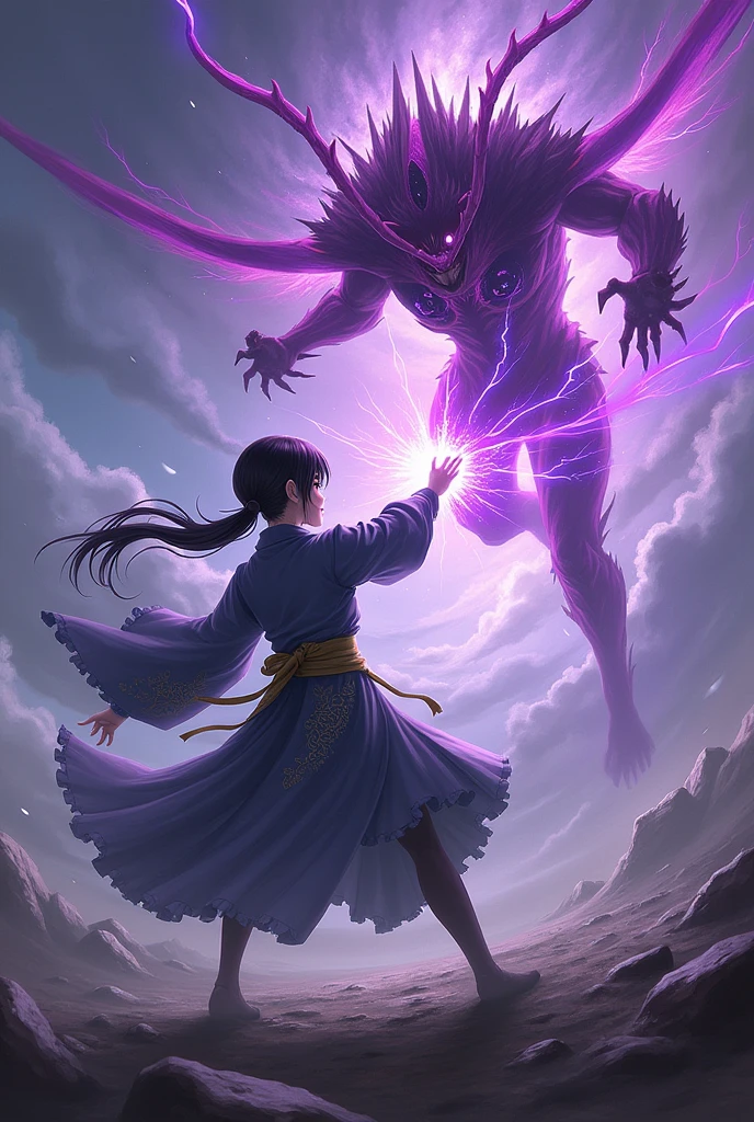 In demon slayer corps there is a girl who is a hashira and her breathing is soul breathing, her hoari color is greyish blue, her eyes are purple, has a black hair that is tied in a loss low ponytail, and she's fighting with Akaza the upper moon 3