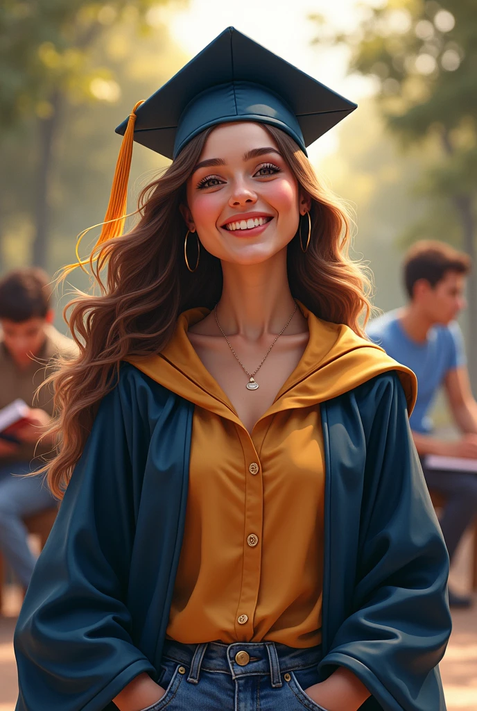 Make a girl who is happy because she just graduated and at the back of her, put the past her struggling with studies 

