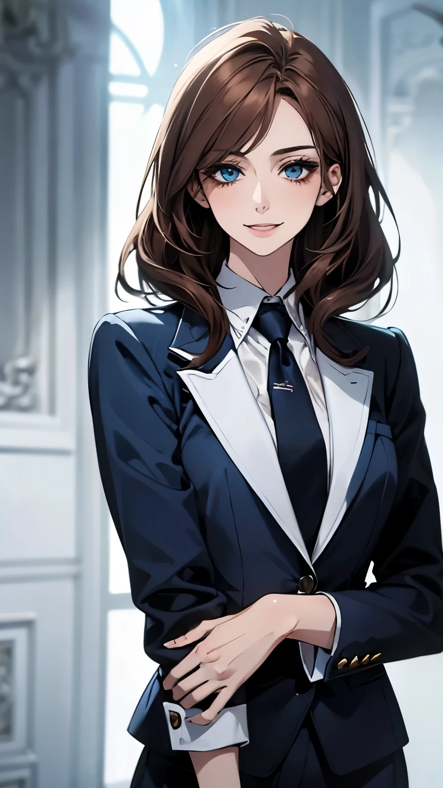 (Highest quality,High resolution,Very detailed),1 girl, Beautiful and elegant light blue eyes, Brown Hair, Cold Smile,Bob Hair, Wearing a suit, Mature Woman, Age 25,Cruel smile, Calm and Calm, Slim figure, Pale complexion, thin, Calm, secretary
