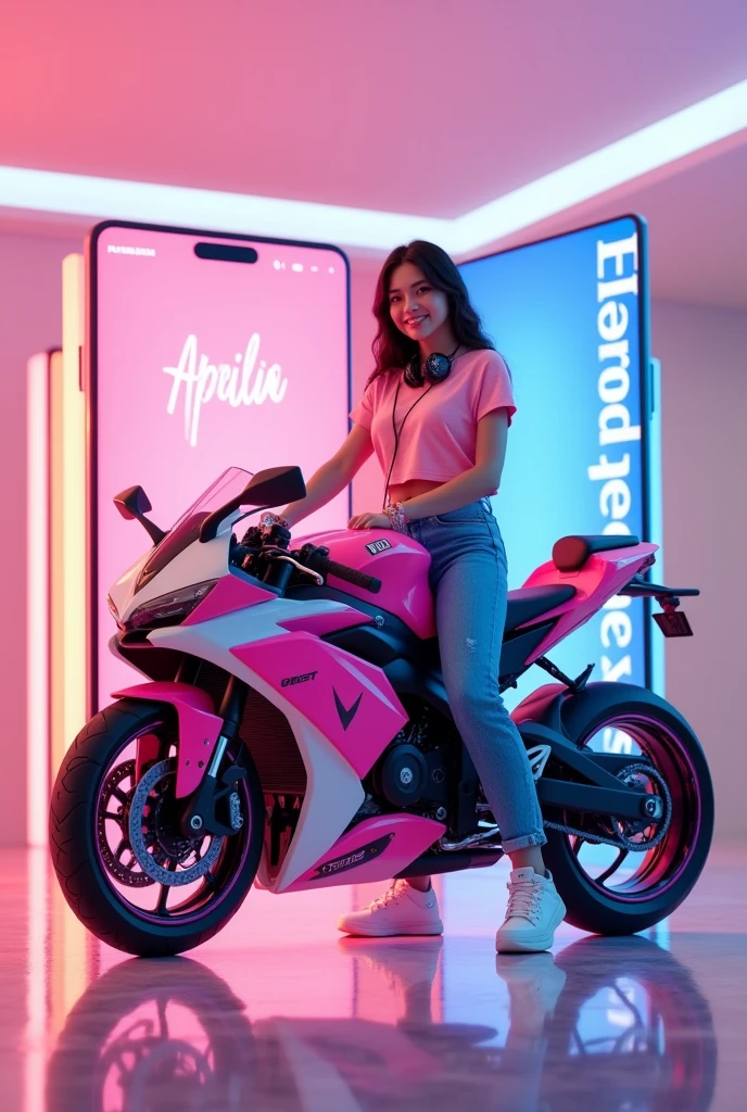 A 25 year old girl is standing on a pink and white R15 sports motorbike wearing a pink t-shirt with a headset around her neck ,rok mini pink background di atas lantai kaca ,1 large social media card with the FB logo and the word Facebook written behind the girl ,written name "APRILIA", on the big card and 1 medium sized cellphone showing the user's face of a girl behind a motorbike and next to the big card