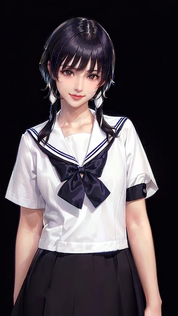 (（（Perfect body,White and tender skin,（（（JK_style，short-sleeved JK_shirt，short-sleeved JK_sailor，JK_suit，JK_tie ）））,（（（sui-feng, short hair, short hair with long locks，Black hair））），((masterpiece)),high resolution, ((Best quality at best)),masterpiece,quality,Best quality,（（（ Exquisite facial features,Looking at the audience,There is light in the eyes,Smile））），）））,（（（Light and shadow,Small chest，）））,（（（Looking at the camera,black background,)））),