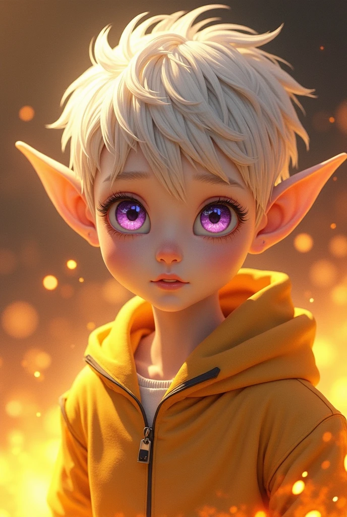 a 14-year-old boy, good person, albino with white skin, short white hair, white hair covering the ears, huge elf ears, pointed and hairy ears, purple eyes, light fire powers, sun power, pyrokinesis, matter manipulation, no anger, golden clothes, fully dressed, shirt on, no muscles