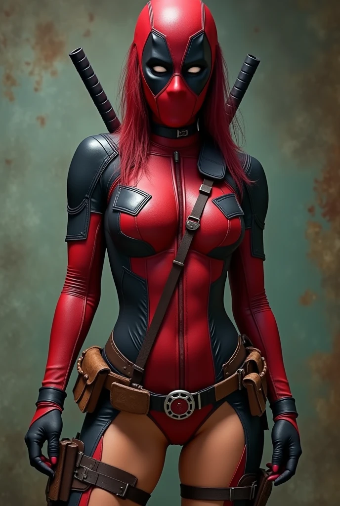 Make a female version of Deadpool with underwear and a big wet ass where her private parts are marked and her ass is shown