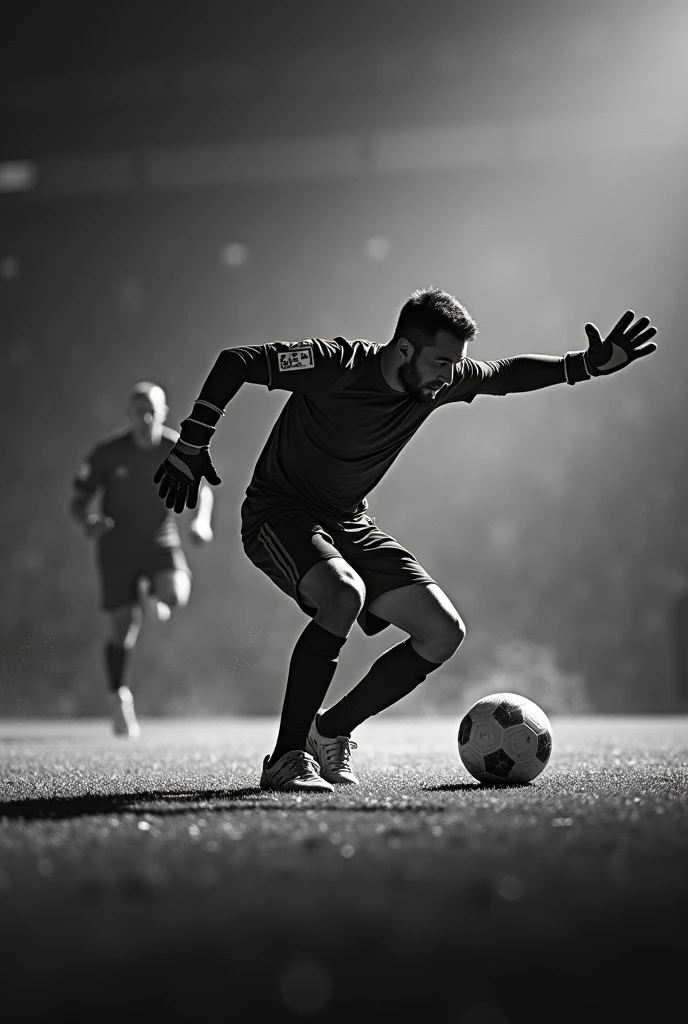 Black and white image of a goalkeeper stopping a ball with his other hand 