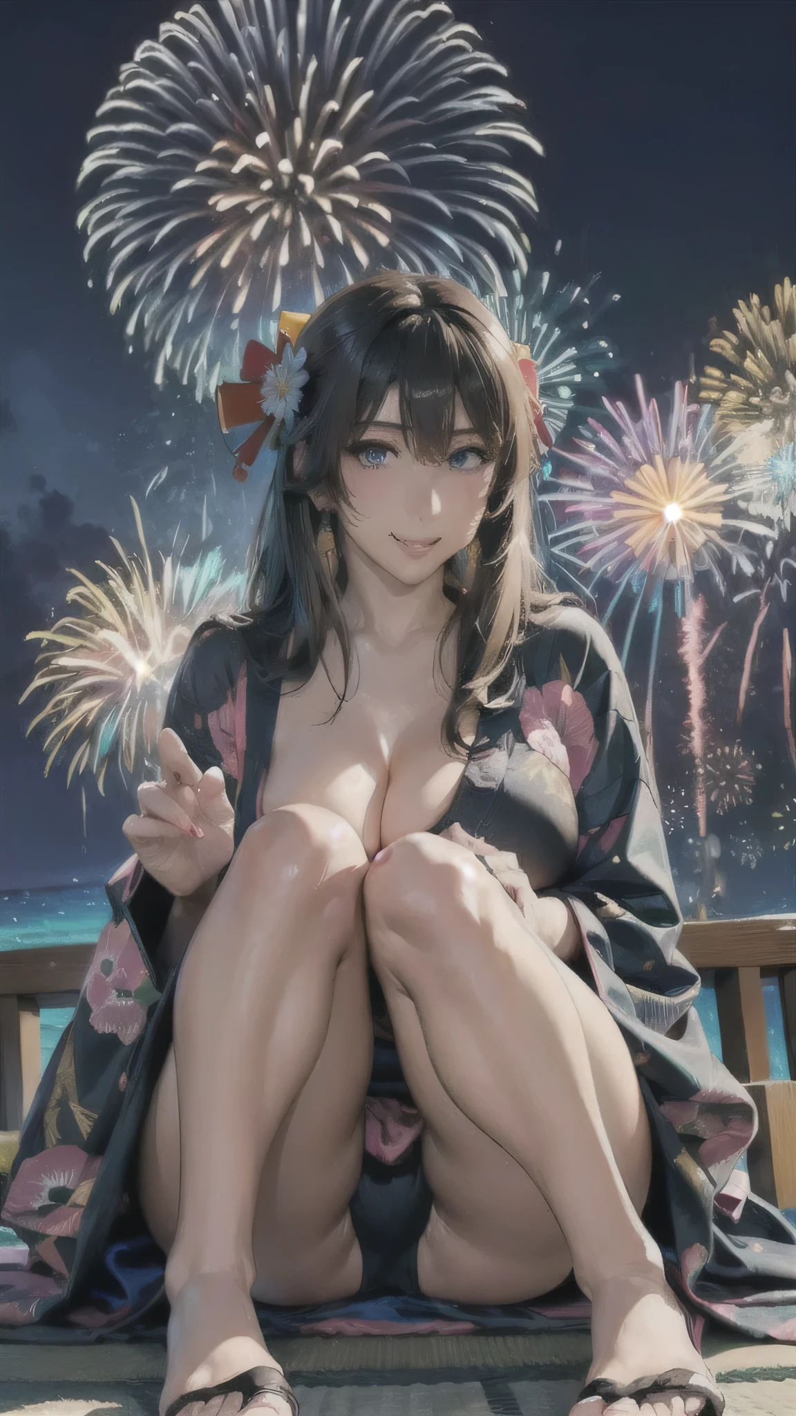 ((Correct Anatomy)),((yukata))((Ocean)),((night)),((firework)),(((Yakatafune))),((大きなfirework)),((Vivid kimono)),((Beautiful feet)),Ultra-high resolution, Mature Woman, Mature Woman, Very detailed, ((Big Tits)), Perfect hands, Detailed fingers, Beautiful details,((Long long black hair)),((Beautiful feet)),Earrings,Perfect Eyes, Seductive eyes,Sandals