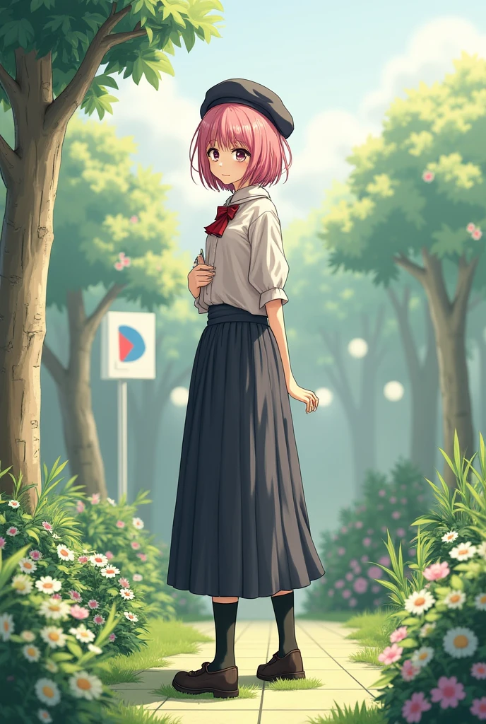 (absurdres, highres, ultra detailed, realistic),1 girl, pink hair, short hair, long skirt, long socks, black socks, beret,standing on a garden