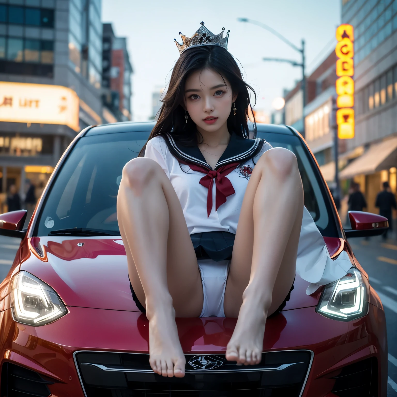 SFW, (Closeup from Crotch to Face) ExtremelyDetailed (SchoolGirl Lean against the Car) Spread Knees Up, perfect face, Brilliant(Tiny Crown), Detailed(Delicate Clothing textures) Sailor Uniform with Red Ribbon (((WhitePanties))), PerfectHand with Childish 4Fingers and one Thumb, Corrected Leg to Foot Line, ((Starry Colorful Lights at Dusk City)) Large Screens, ((Specular Reflection:1.32)Shiny Wet Road)Shiny Cars, ((Hidden Arm) Hidden Sole) Red[High-heels], TopQuality 8K Ultra-detailed masterpiece (ProfessionalPhoto:1.37)(Acutance:0.8)