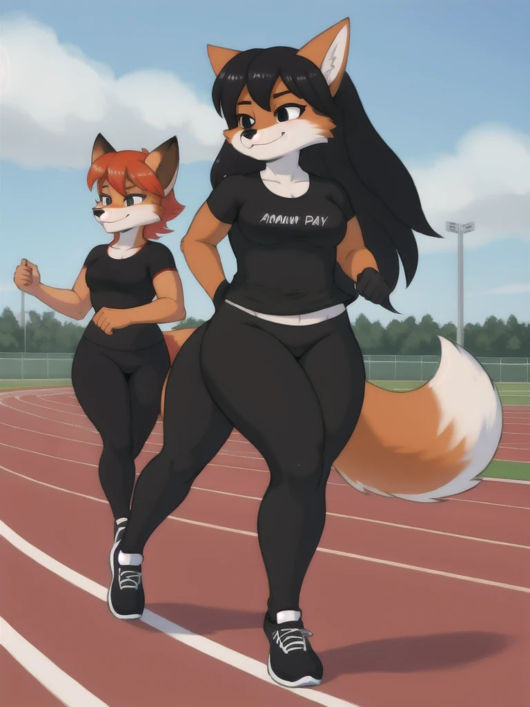 Furry, fox, female, black shirt, black leggings, shoes, running track, friends, full body