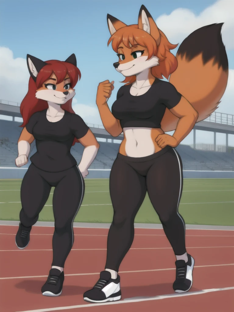 Furry, fox, female, black shirt, black leggings, shoes, running track, friends, full body