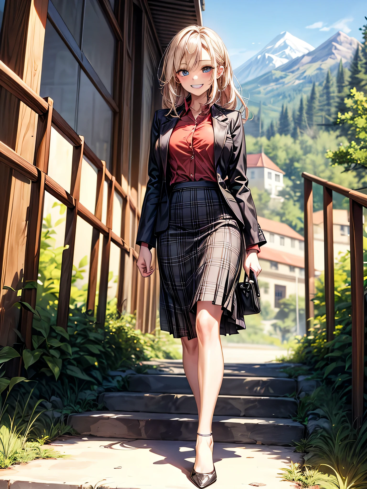 (Biologically correct limb count),Full body, including face,4K,Focus on the masterpiece face,Well-proportioned facial features,Delicate descriptive eyes,(One beautiful woman),(Red Shirt,Black jacket,black plaid skirt),(Grin),looking at the camera,Mountain trail,Outdoor,walking,Walking down the stairs,((High heels))