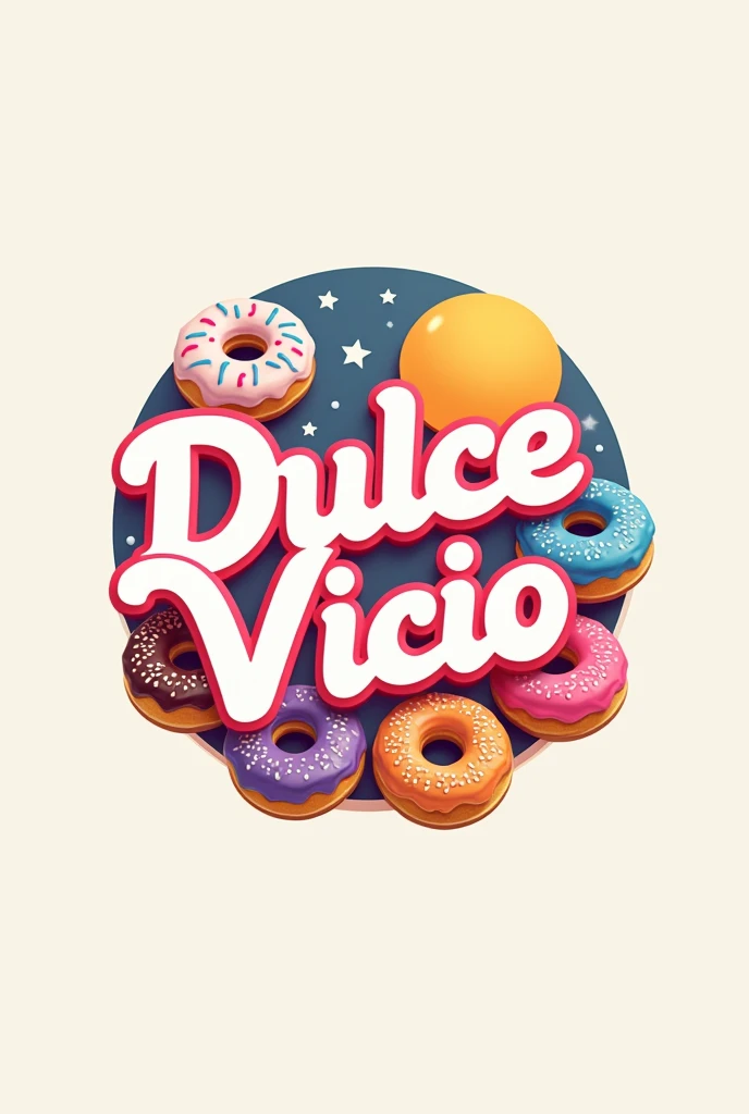 
"Logo featuring the word &#39;Dulce Vicio&#39; in large, elegant letters, with a modern and fun style. The text is white or cream in color, with a thin outline of intense color such as red or violet.

In the background, a semi-realistic image of the moon and the sun, superimposed in a circular design. La luna es de color azul claro o purple suave, while the sun is deep orange or yellow. Both elements are united by a donut design that forms a circle around the word &#39;Dulce Vicio&#39;.

The donuts are designed in a stylized manner, with pastel colors like blue, purple, Orange and yellow. Each donut has a unique design, with icing and decorations that merge with the moon and the sun.

The logo conveys a sense of sweetness, fun and energy, Perfect for a donut brand looking to be engaging and memorable. The combination of the moon and the sun represents the duality of life, while donuts symbolize pleasure and enjoyment."

