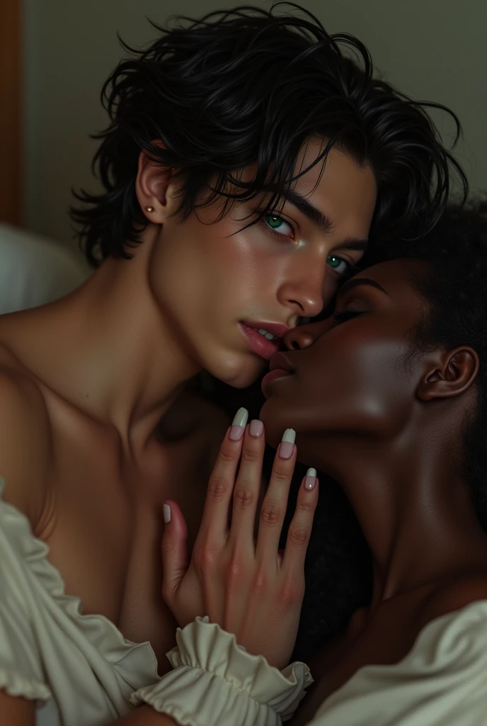 white boy with black hair and green eyes kissing ebony feet